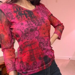 Vintage Guess Red and Black Patterned Blouse